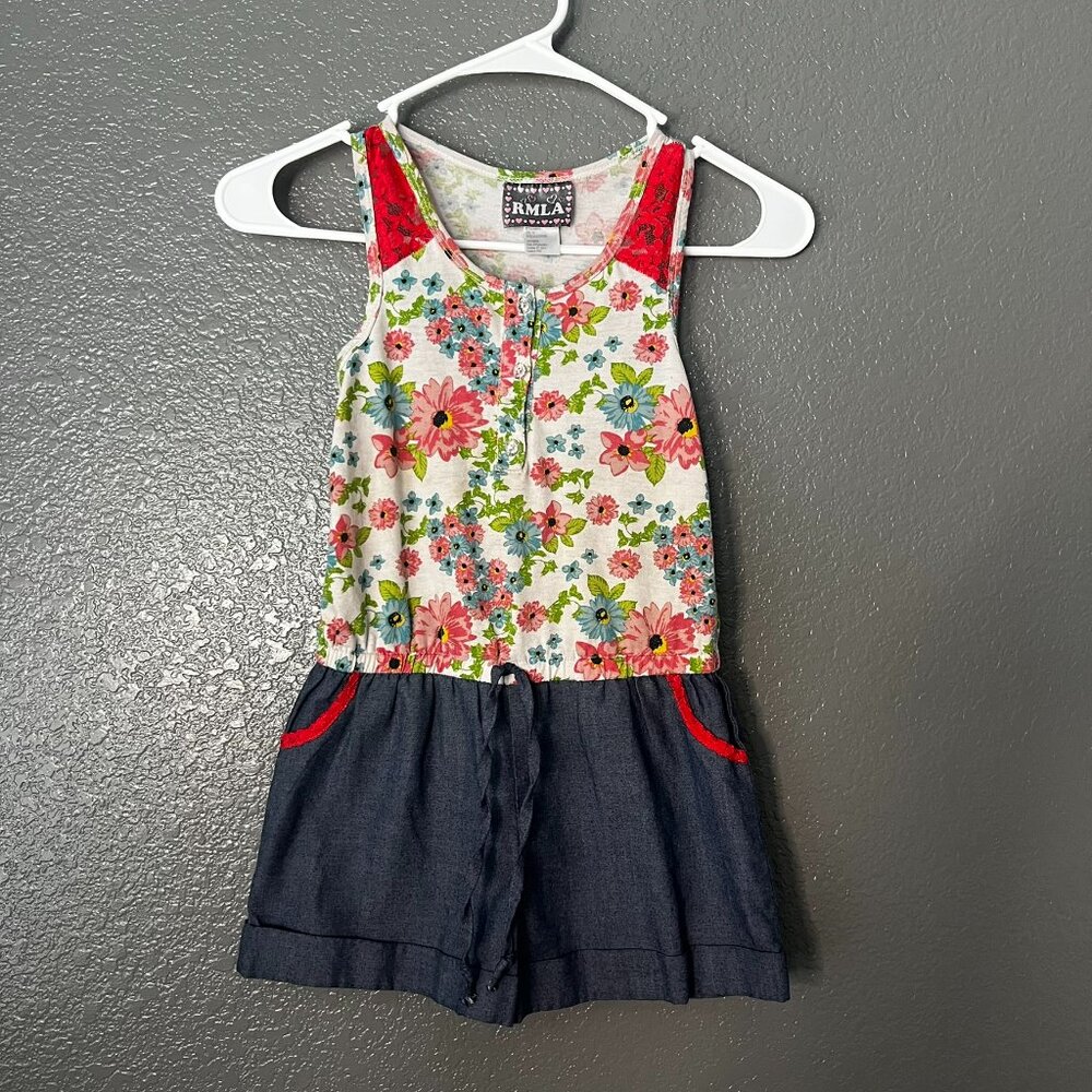 RMLA Girls Romper Floral Print Tank Top Chambray Shorts Lace Detail Size M
